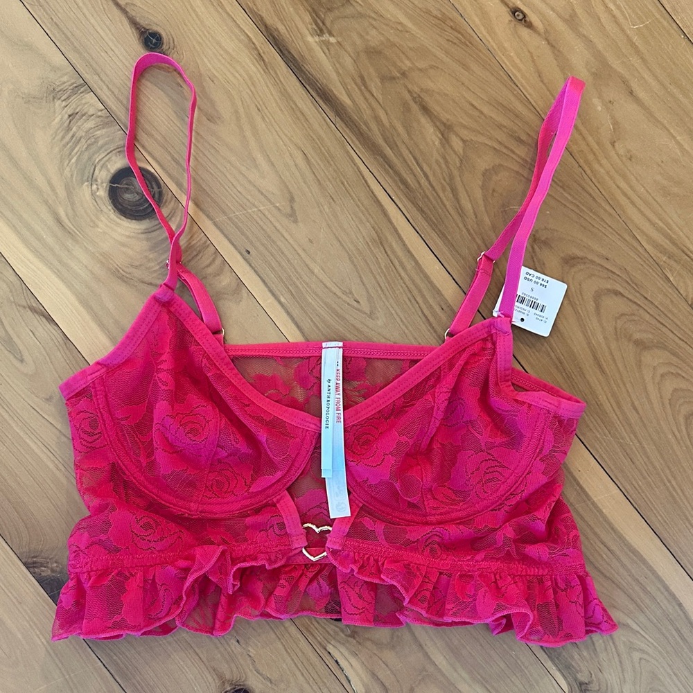 Hot Pink Lace Bralette with Ruffle Hem Heart Small Anthropologie